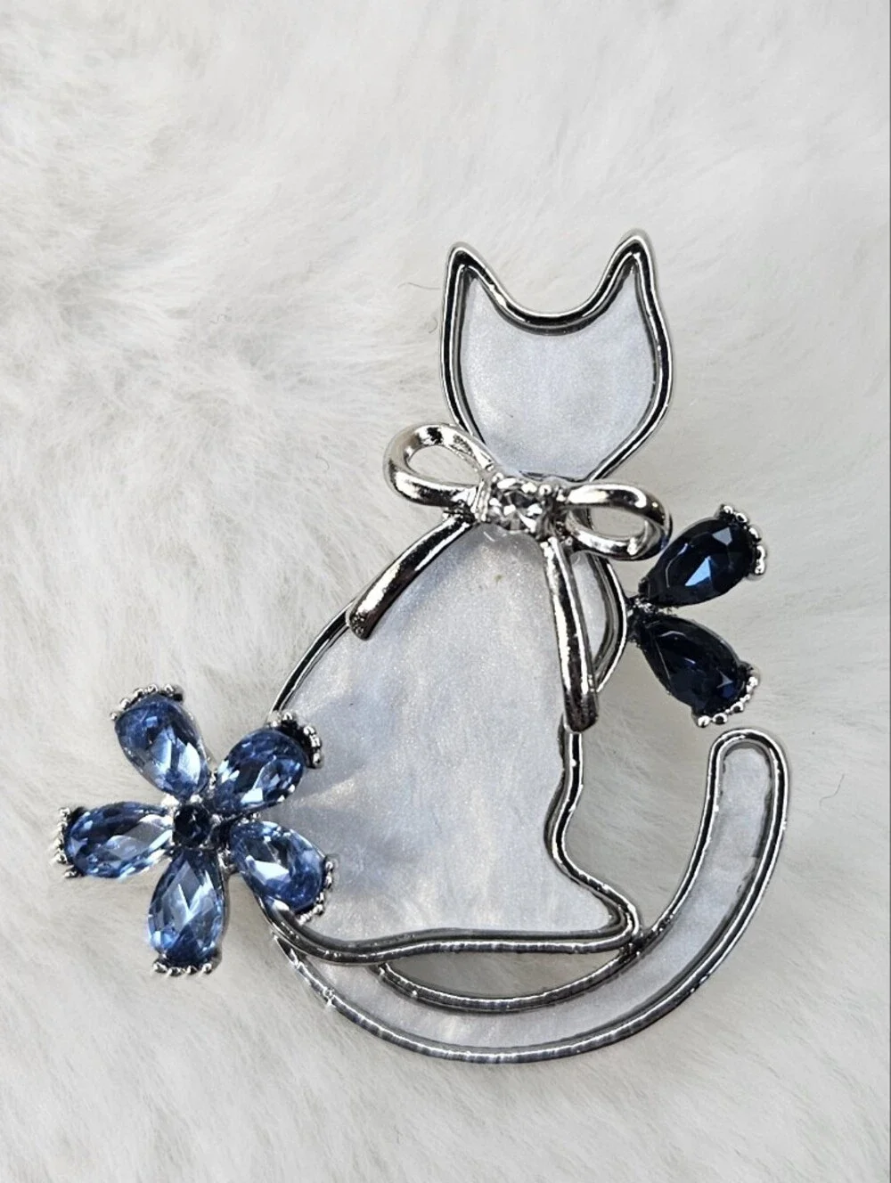 Silver Cat Brooch with Blue Crystal Flower